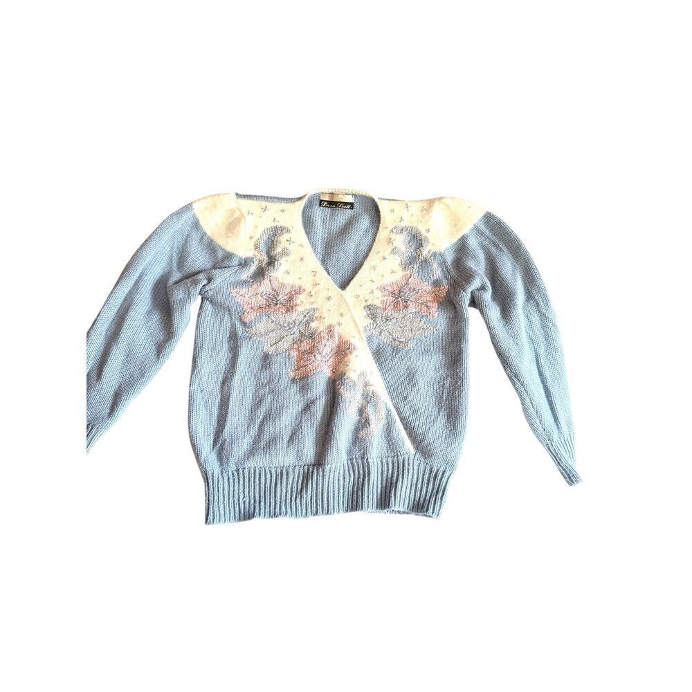Dana Scott Vintage 90s Beaded Floral Sweater Puffed Sleeve Women’s Large‎